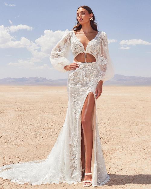 Lp2409 sexy beach boho wedding dress with long sleeves and slit1